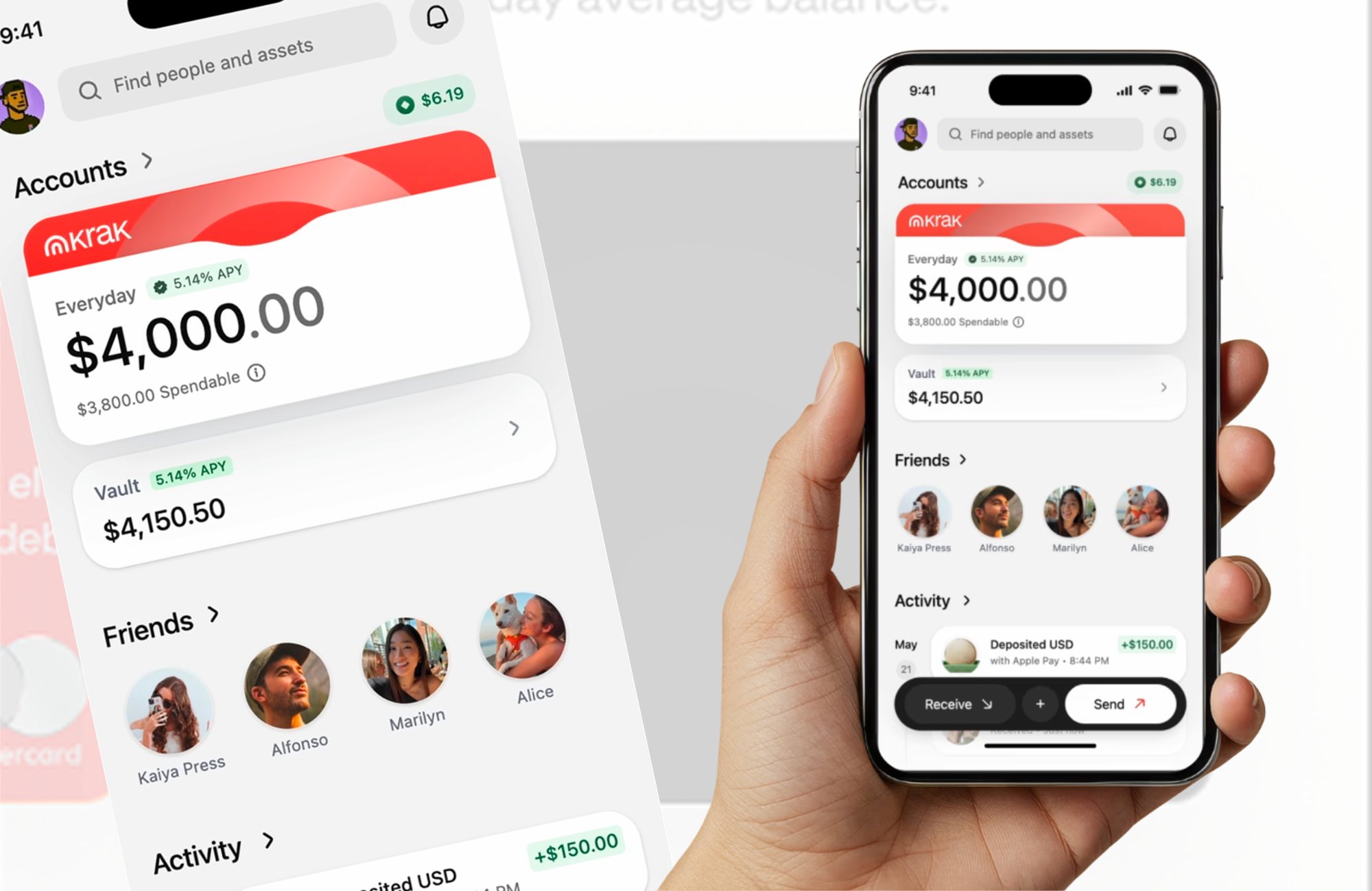 Krak app home screen — accounts, vault, activity